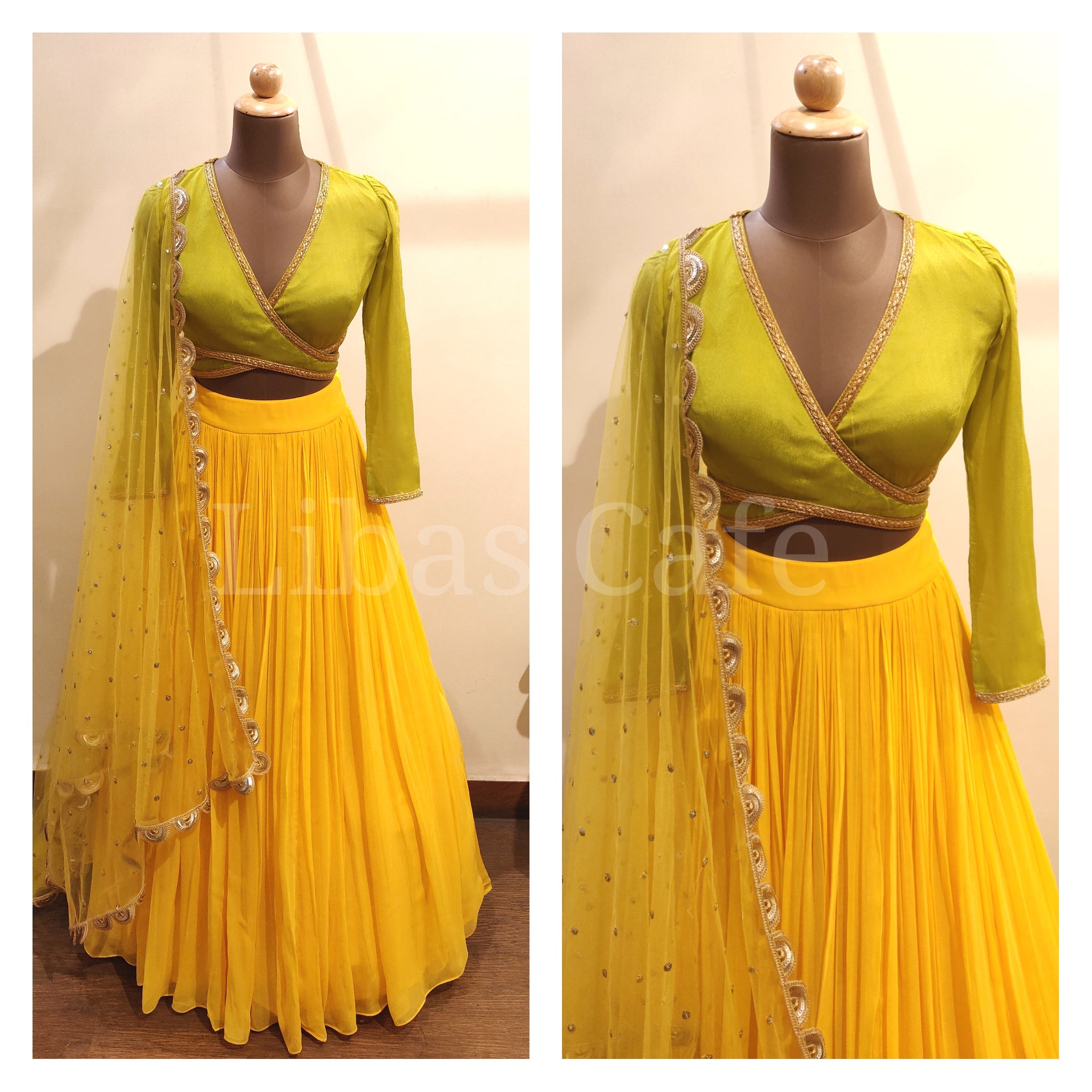 Olive-yellow Lehenga & Jacket Blouse With Knot At Back